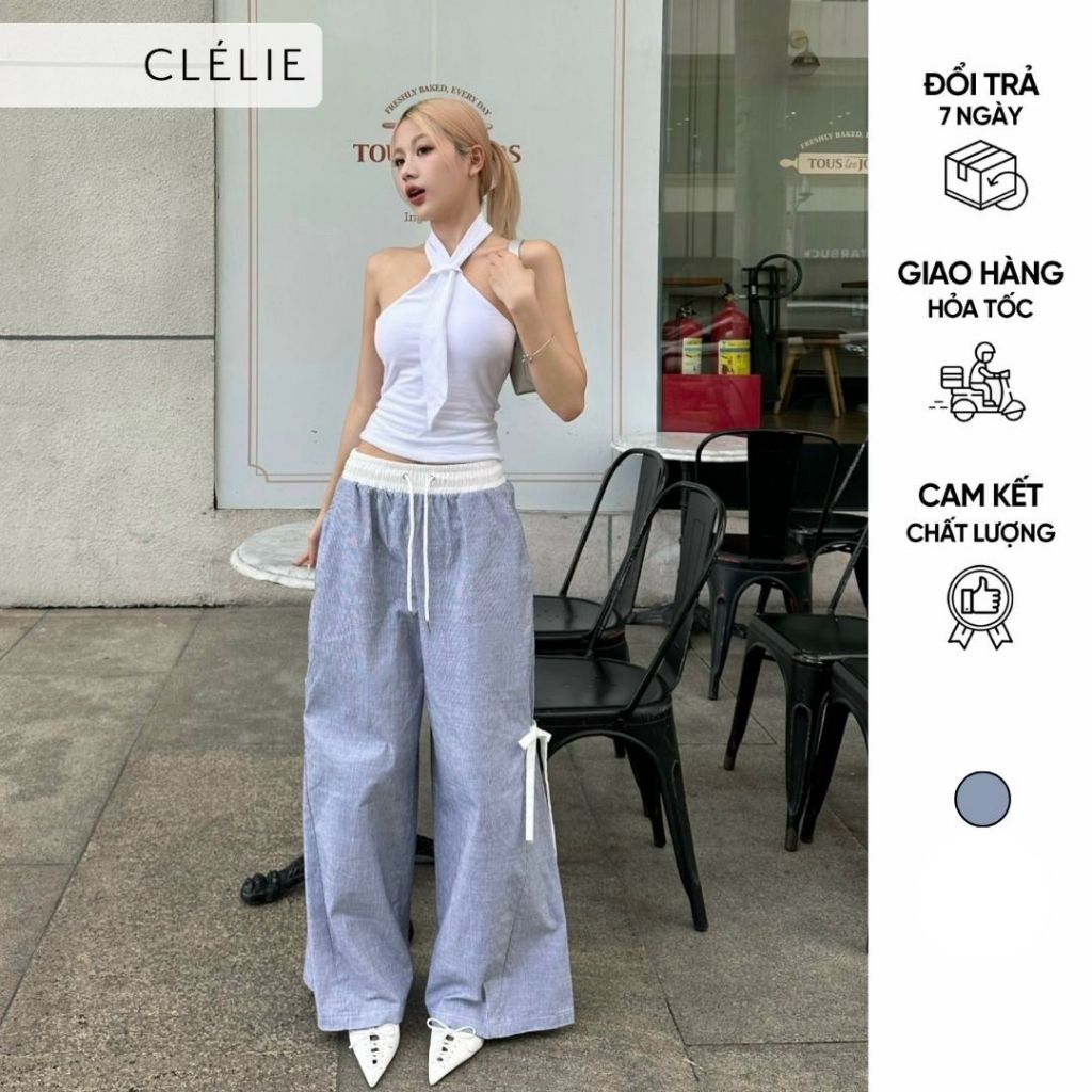 CLÉLIE Quần ống rộng kẻ sọc dáng dài cạp trắng có dây nơ DARI PANT