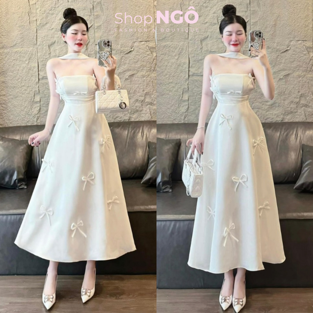 Đầm váy nữ đi tiệc sang chảnh chất TAPTA có mút váy trắng cúp ngực dây cổ đính nơ dáng dài siêu xinh tiểu thư