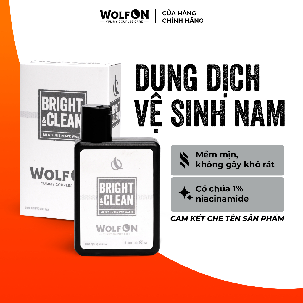 Dung Dịch Vệ Sinh Nam Giới Wolf ON Bright & Clean Dưỡng Sáng 1% Niacinamide Khử Mùi Tốt Sạch Thơm Nam Tính 95ml