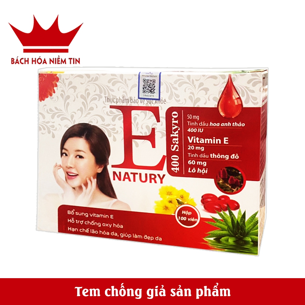 Vitamin E 400 Sakyro Natury 100 viên  - Nha đam thông đỏ - chống lão hóa làm đẹp da, ngừa sạm da, nhăn da hiệu quả