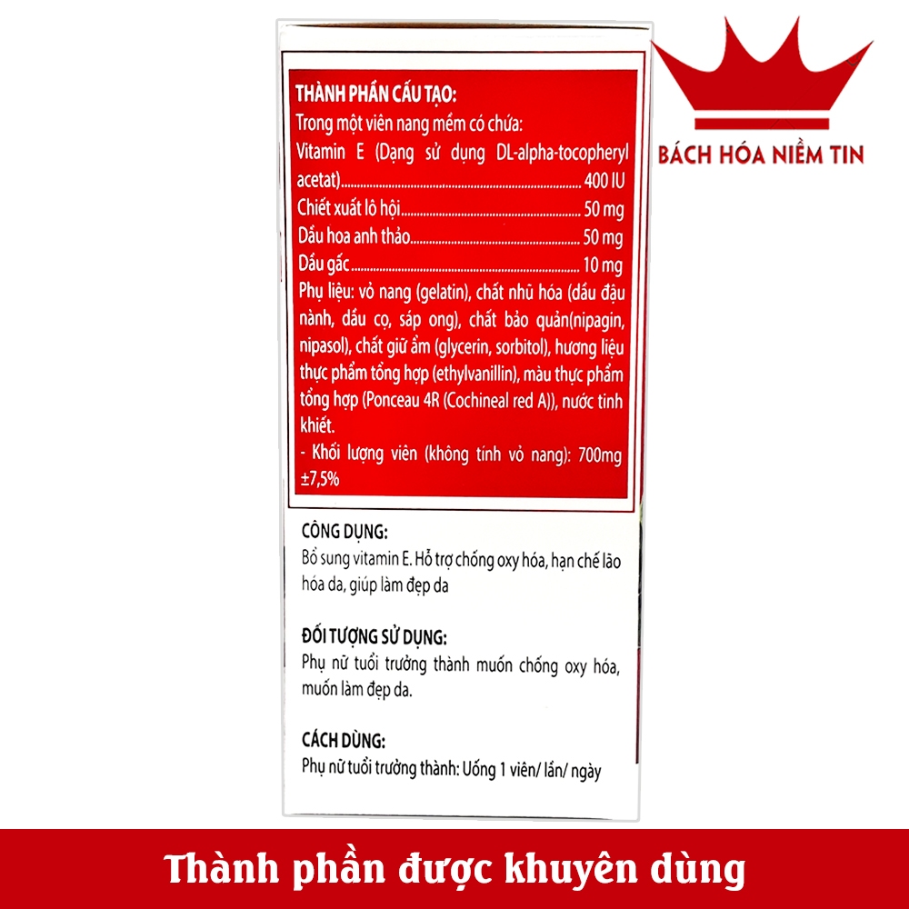 Vitamin E - Hộp 30 viên- thành phần   lô hội, hoa anh thảo, vitamin E - hỗ trợ giảm lão hóa, cấp ẩm da, da sáng mịn