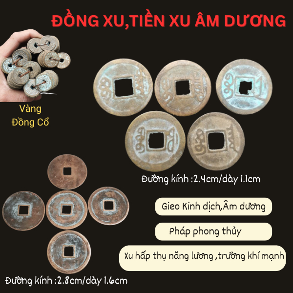 Đồng xu,Tiền xu âm dương Đồng Cổ Vàng [2.4cm/2.8cm], xu gieo quẻ,pháp phong thủy...