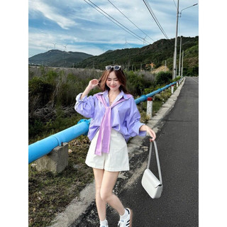 Set quần trắng áo somi tím khăn choàng cổ🌷