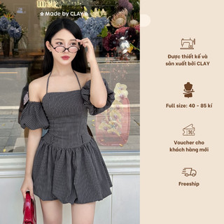  Dami Dress Váy hai dây kẻ trễ vai dáng bí chiết eo chun lưng tay bồng rời thiết kế có bigsize thắt lưng Clay Clothing 
