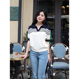Lin closet áo len cổ v phối sọc style hàn quốc - august collection