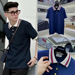 Áo polo nam cổ bẻ G.C cotton gai cá sấu xanh than trơn phối cổ chun dệt sọc be đỏ cúc vàng cao cấp PL128P