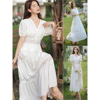 [010824]  Hàng nhập - Đầm dáng xòe maxi ren trắng tay ngắn cổi V, váy Quảng Châu tiểu thư xinh xắn