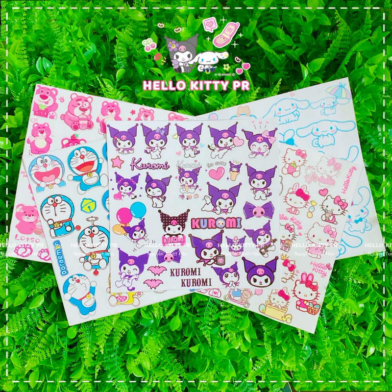☘️Decal dán trang trí tủ kính, bình ly cốc chai lọ Kuromi, Cinnamoroll, gấu dâu Lotso, Hello Kitty, Doraemon Doremon