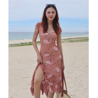 Đầm cổ vuông xẻ tà phải chất thun lưới hoa có lót dày dặn co giãn tốt-Feliza clothing