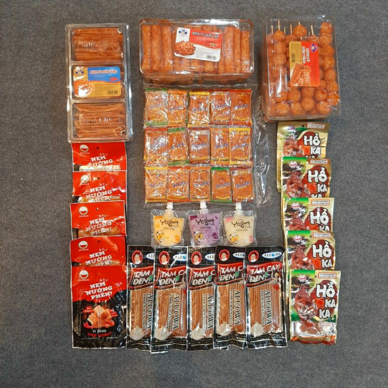Combo ăn vặt 3 món bánh Pò kèm 1 bịch 60 gói miếng cay cay, 5 hổ kaka, 5 nem nướng, 5 tăm đen và 3 s