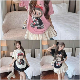 Set Bộ Áo Thun Nữ Cổ Tròn In Hoạt Hình Form Rộng Và Chân Váy Quần Đầm Lụa Có Lót Trong Thích Hợp Đi Chơi ,Biển Top Women