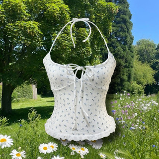Áo yếm thun cột dây cổ hoa nhí phối ren dễ thương Bluebell Top