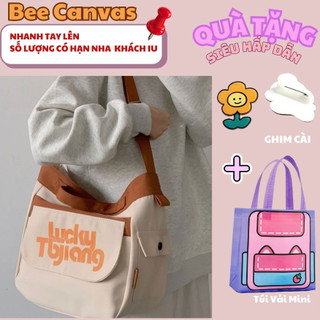 Túi vải Canvas đeo chéo đi học, Túi tote đeo vai Lucky phối màu nam nữ Unisex đi học đi chơi đựng vừa laptop Bee Canvas