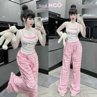  Set bộ thời trang nữ bánh bèo màu hồng siêu ngọt cho các nàng,set áo 2 dây phối màu họa tiết chữ kèm quần suông họa tiết 