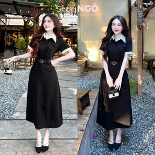 Đầm váy dài - Đầm váy nữ chất kaki màu đen sơ mi phối cổ tay ngắn dáng dài suông kèm thắt lưng thanh lịch dạo phố.cafe