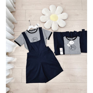 Set quần yếm phối áo thun kẻ