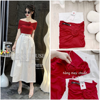Set áo trễ vai đỏ phối chân váy trắng