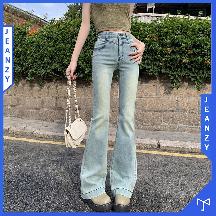 Quần jean ống loe màu xanh dương họa tiết may ngang g JEAN ZY