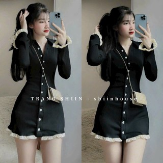 Đầm body tay dài phối bèo lai váy và tay chất gân lạnh đẹp đơn giản