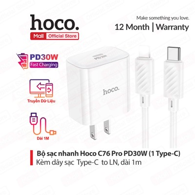Bộ sạc nhanh Typec to IP PD30W Hoco C76 Pro ,PC + ABS chống cháy,dài 1m dùng cho ip11/12pro/13/14promax (chân dẹt)