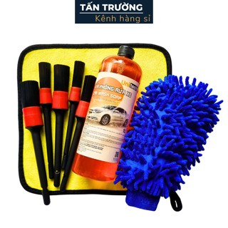 Combo Rửa Xe 8 Món (F80)Tại Nhà Unitech (xà bông dung 1 lít + 5 cây cọ rửa chi tiết + găng tay san hô + khăn lau)