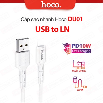 Cáp sạc PD12W USB to IP Hoco DU01/X37 dùng cho 14 trở lên dài 1m , dây nhựa cứng cáp chống gãy gập