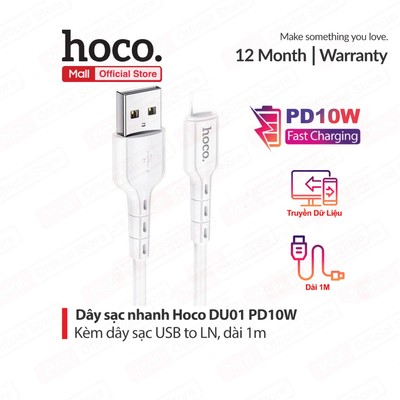 Cáp sạc PD10W USB to IP Hoco DU01 hỗ trợ truyền dữ liệu dùng cho ip6/7/8/X/11/12/13/14 dài 1M