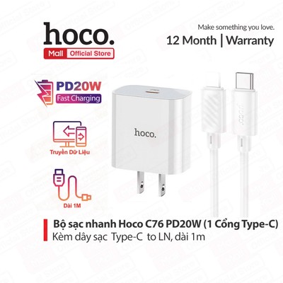 Bộ sạc nhanh Hoco C76 Plus Typec to IP PD20W 3.0A  dùng cho ip11/12/13/14 , chân dẹt, dài 1m