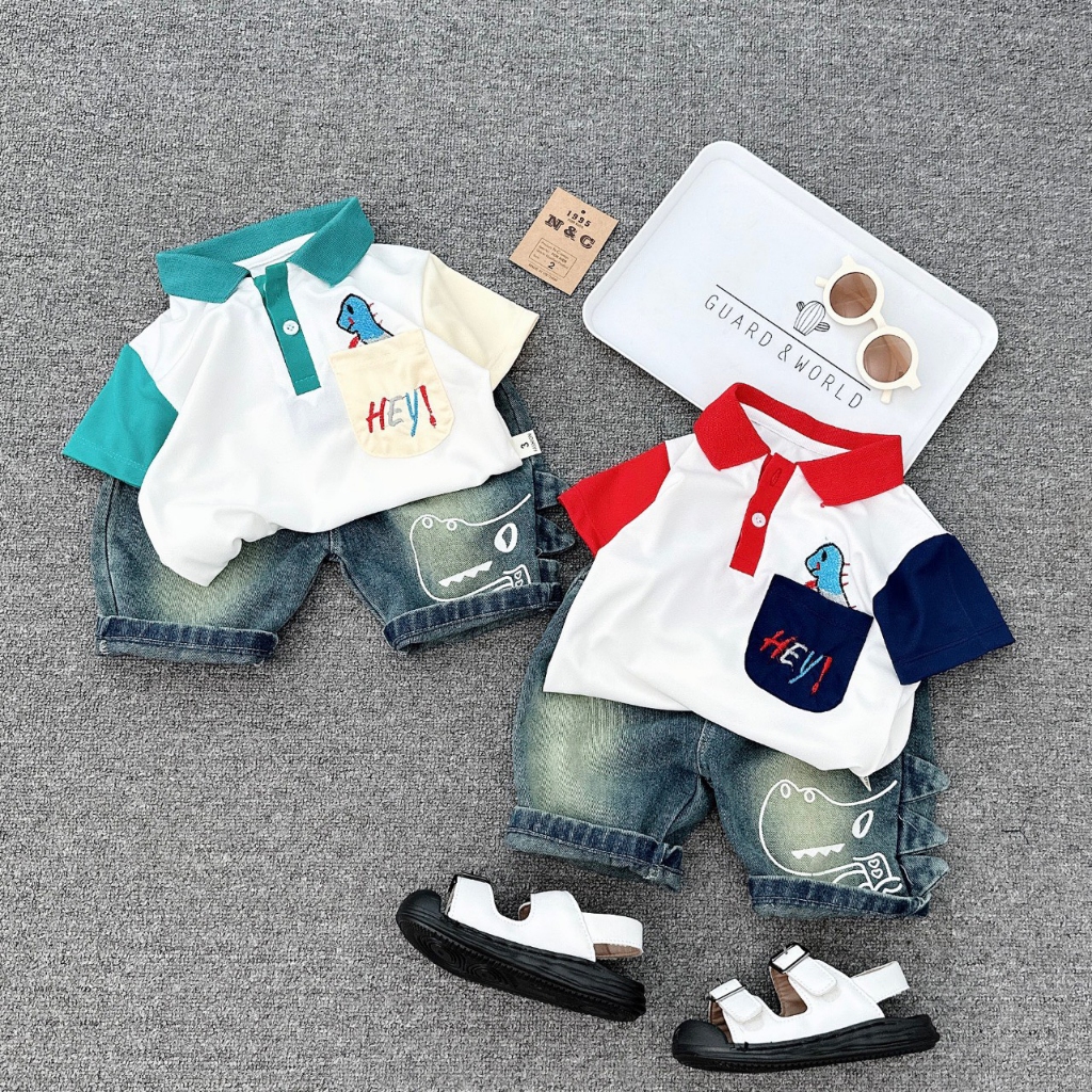 Bộ đồ bé trai áo cổ bẻ + quần jean, set đồ bé trai, combo bộ bé trai