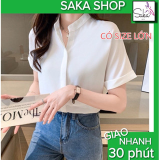 Áo sơ mi cổ trụ from rộng ngắn tay nữ giấu nút màu trắng công sở