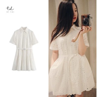 Váy đầm nữ Zara tiểu thư cộc tay sơ mi ren trắng kèm belt dáng ngắn basic