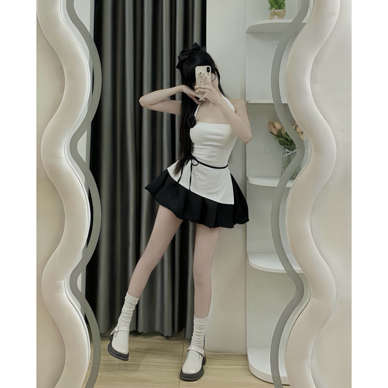 Sét Váy Nữ Kèm Hoa Gồm Áo Cổ Yếm Xẻ Dây Buộc Eo + Chân Váy Bí Phồng | BigBuy360 - bigbuy360.vn