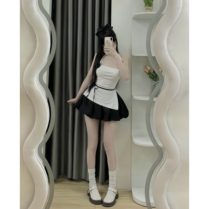 Sét Váy Nữ Kèm Hoa Gồm Áo Cổ Yếm Xẻ Dây Buộc Eo + Chân Váy Bí Phồng | BigBuy360 - bigbuy360.vn