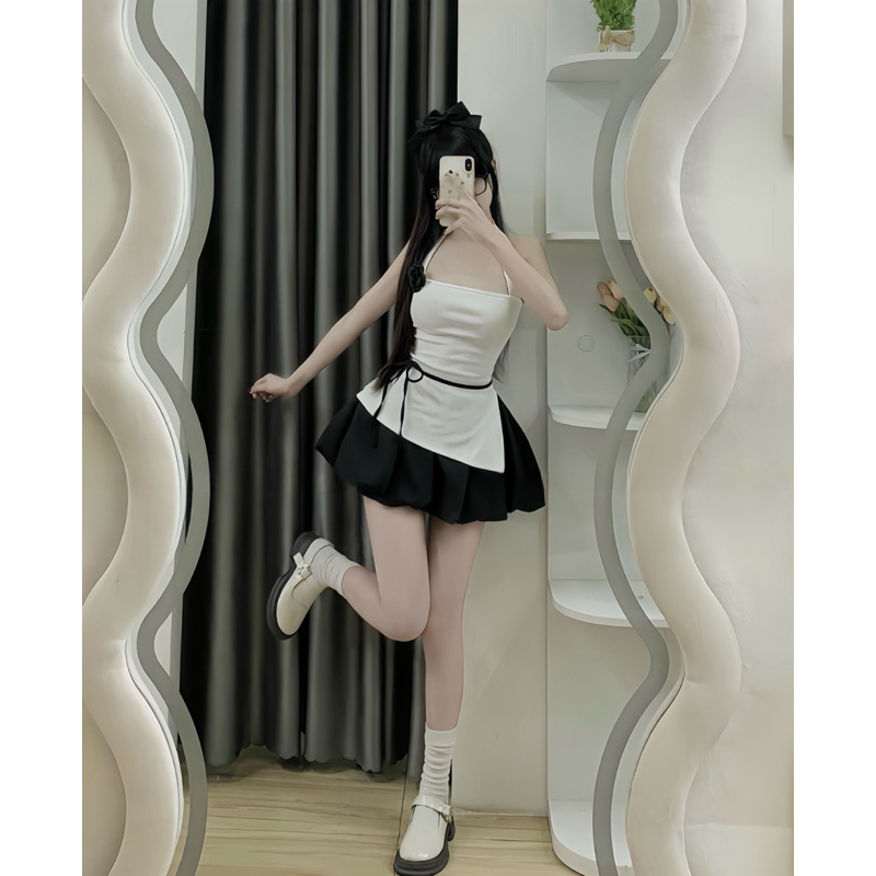 Sét Váy Nữ Kèm Hoa Gồm Áo Cổ Yếm Xẻ Dây Buộc Eo + Chân Váy Bí Phồng | BigBuy360 - bigbuy360.vn