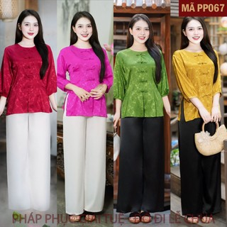 (PP067)_Pháp Phục Đi Lễ Chùa Cho Nữ - Mã Áo Cách Tân - Chất liệu Áo Lụa Gấm Hoa Hồng & Quần Lụa Vân - Size S-XL(40-65kg)