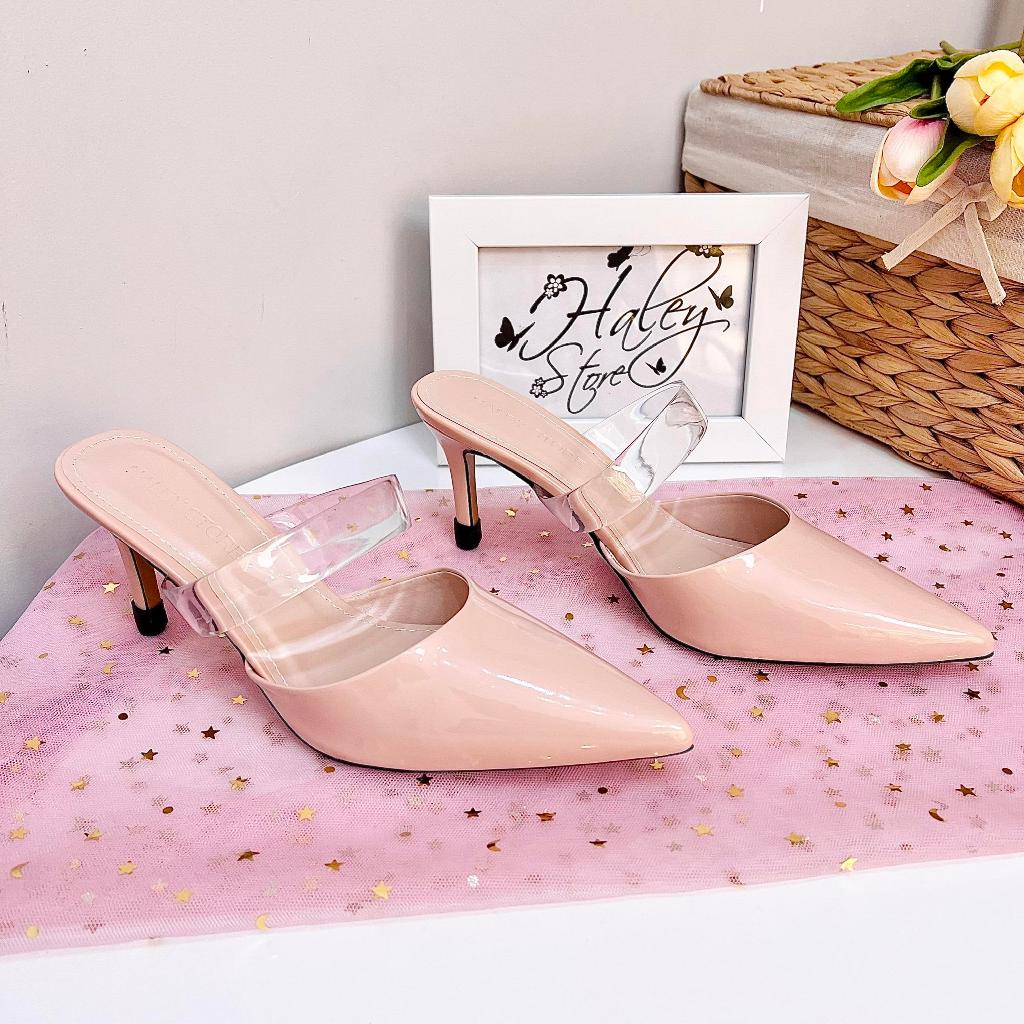 Guốc sục nude HALEY STORE cao gót 7p mũi nhọn quai trong suốt mika da bóng tiểu thư tiệc cưới êm châ