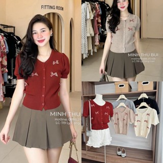 Áo Len Nữ Cộc Tay Phối Nơ Cổ Tròn Bo Cạp Chun Size S M -Halinh Shop- Áo Len Tăm Nơ Cộc Tay Hàng Qcl1