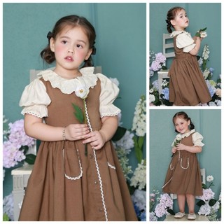  Váy linen hè thu bé gái đậm chất Vintage. Áo tay bồng điệu đà cổ ren thô cổ điển váy xếp ly xoè rộng. Màu cực tôn da 