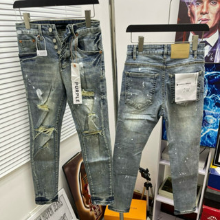  Quần jean bò nam Purple skinny xanh nhạt rách xước tua đùi gối kẻ nhăn sóng 3D ống 4 cúc boy phố 