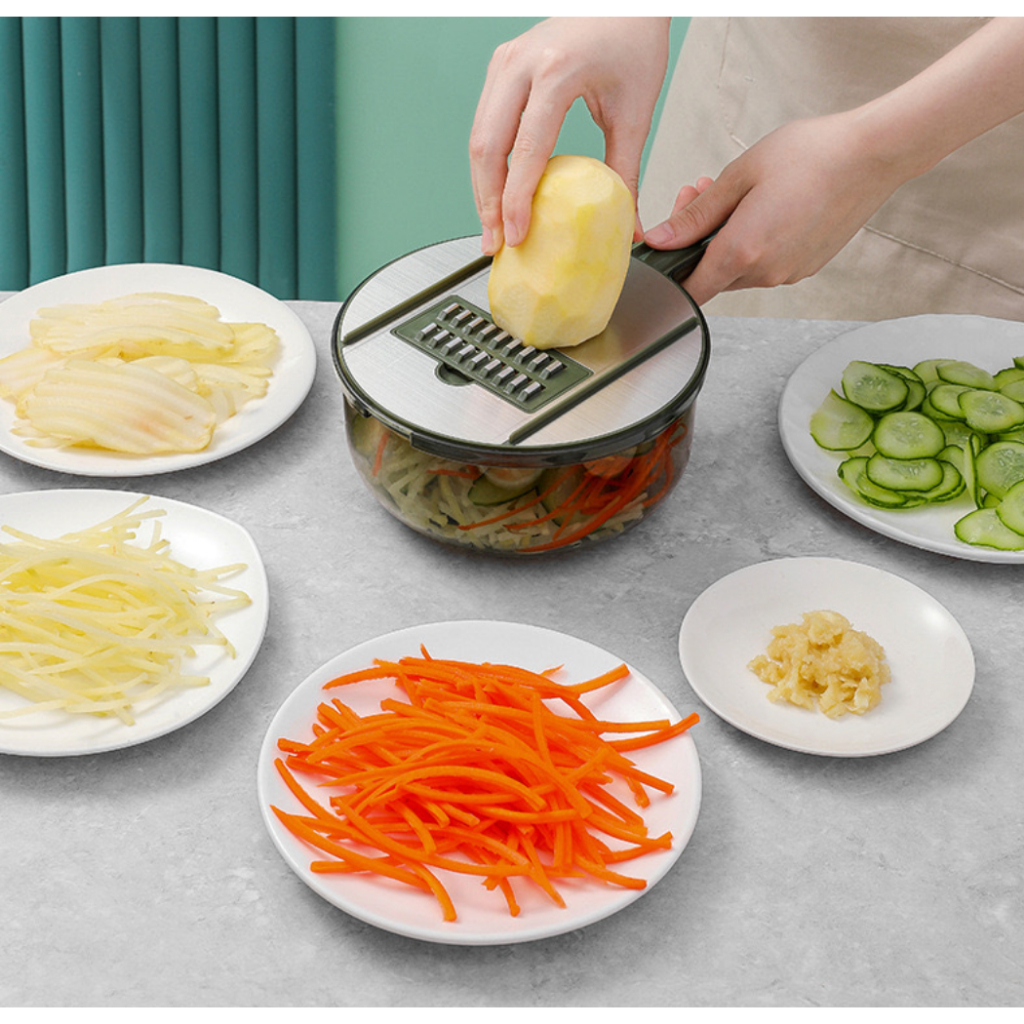 Bộ dao bào sợi thái lát rau củ đa năng inox 304 cao cấp kèm ca và rổ đựng tiện dụng dùng bào sợi đu 