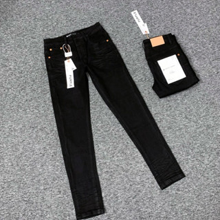 Quần jean bò nam Purple nhăn sóng đen trơn basic đính 4 cúc khắc logo chữ hãng tem mác lụa cao cấp