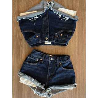 Quần short jean Âu Mỹ vintage lưng cao màu xanh đậm jean dày size XS - XXL