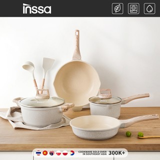INSSA Bộ nồi chảo đá chống dính màu cream cao cấp chính hãng dùng cho bếp từ nồi súp nồi sữa bộ nồi GUOJ030