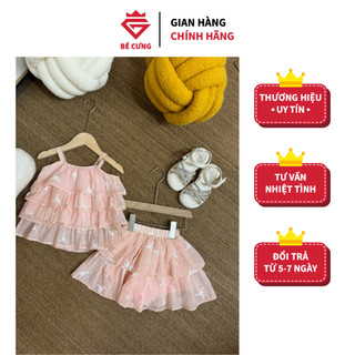 Set áo 2 dây tầng hồng cam hoa kèm chân váy tầng bé cưng dành cho bé gái - 62v