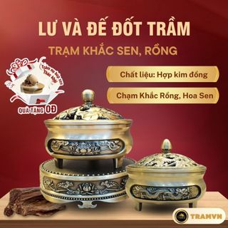 Lư và Đế Đồng Đốt Trầm Hương Cỡ Lớn Lớn 11cm Tramvn99 Set Đỉnh và Đôn Sen Và Rồng Phượng Đốt Trầm Nụ Vòng