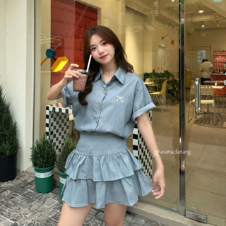Set áo sơ mi thêu nơ nhỏ kèm chân váy hai tầng hot trend 2024 Bun222