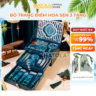 Bộ trang điểm 3 tầng KÈM TÚI ĐỰNG hoa sen xanh set makeup cao cấp sang trọng quà tặng ý nghĩa Hatola