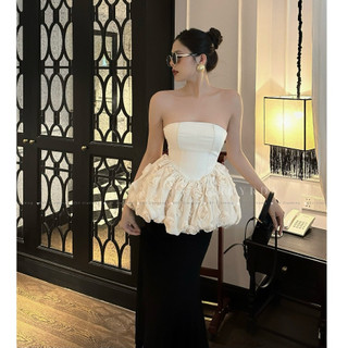 48Set đồ nữ sang chảnh tiểu thư áo quây dáng peplum chân bồng đính hoa phối chân váy dáng dài đuôi cá thiết kế dự tiệc L