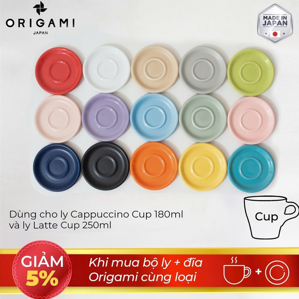 [ORIGAMI JAPAN] Đĩa sứ Origami Cappuccino Latte Cup Saucer 147mm sứ Mino 15 màu Nhật Bản