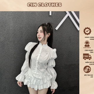 Set đồ nữ áo sơ mi trắng tay bồng croptop kèm chân váy tầng CINclothes